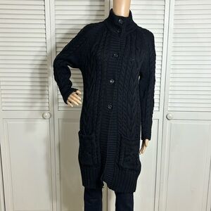 Woolovers Blue 100% Aran Cable Wool Long Cardigan Medium